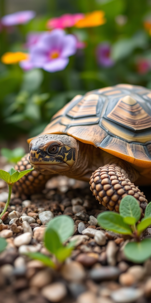 a close-up of a tortoise exploring a garden with lush green leaves and colorful flowers, surrounded by small pebbles and a soft focus background