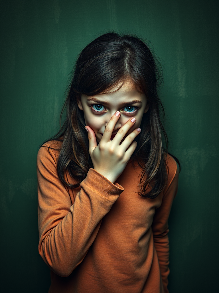 Create a high-resolution artwork featuring a girl in a dramatic pose with her hand over her mouth, expressing fear, set against a textured green background, captured with a Canon EOS R5, 50mm lens, f/1.8 aperture, ISO 100, at a 1/250 sec shutter speed, using a soft focus effect for a moody atmosphere.