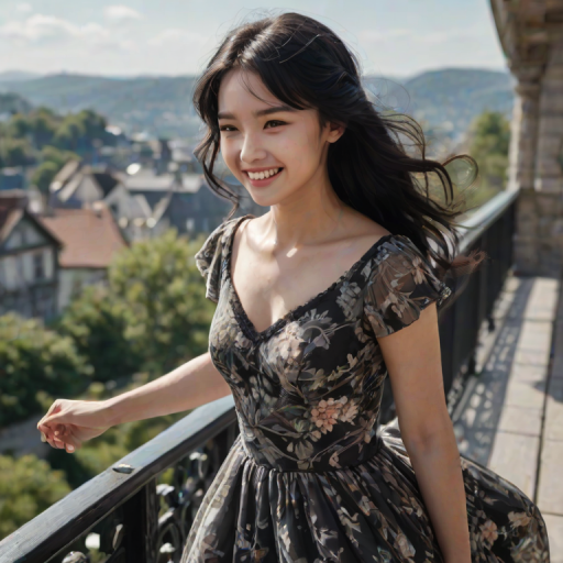 day, natural lighting, windy, female focus, black hair, floating hair, dress, smiling, 1girl, CandiBRIDGE, railing, from below, scenery, intricately detailed illustration, depth of field, atmospheric perspective, realistic shading