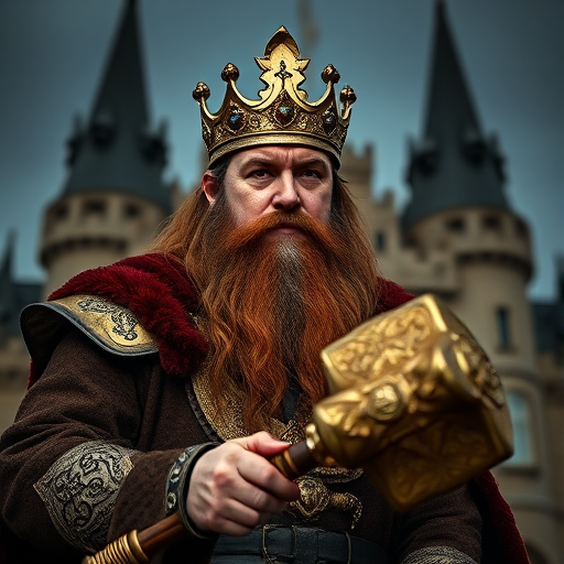 regenerate a majestic king with a long beard and a crown, holding a large ornate hammer, in front of a grand castle with spires, captured with a Canon EOS R5 at f/1.8, ISO 100, 50mm lens, using dramatic lighting and a shallow depth of field to highlight intricate details