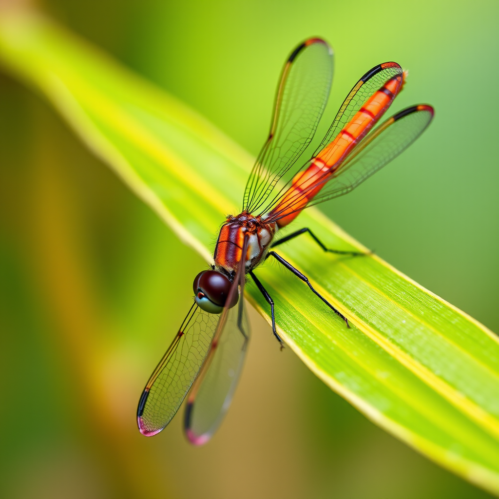 macro photograph of a dragonfly resting on a green leaf, with vivid colors and sharp focus, ISO 100, f/2.8 aperture, 1/250s shutter speed, taken with a DSLR camera using a 100mm macro lens, natural light, shallow depth of field