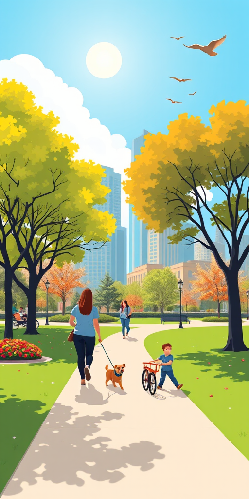 A vibrant park scene with two adults walking a dog, a child playing, and city buildings in the background, bright blue sky with sun and birds, art style: flat design, camera settings: f/8 aperture, 1/200s shutter speed, ISO 100, camera view: wide angle, camera type: digital DSLR.
