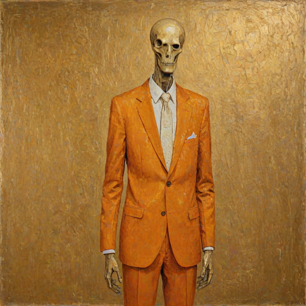 A quirky abstract impressionist painting of a tall, slender figure with a big hand for a head . The hand takes up most of the "head" area. The figure is dressed in a orange suit with a mother-of-pearly tie. It stands against a mottled golden background.  Surrealist, realistic textures, , creative, Klimt, diswashed, Aging effects, grainy