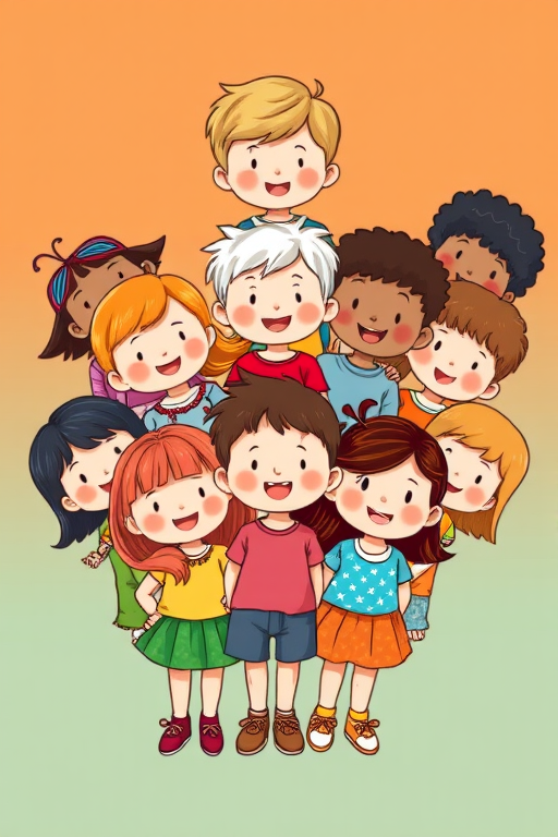 Create a vibrant illustration of a diverse group of cartoon children with varying hair colors and styles, dressed in colorful outfits, arranged in a playful layout, with bright background colors; use a Canon EOS R5, 50mm f/1.8 lens, f/2.8 aperture, ISO 100, and soft natural lighting for a cheerful and polished look.