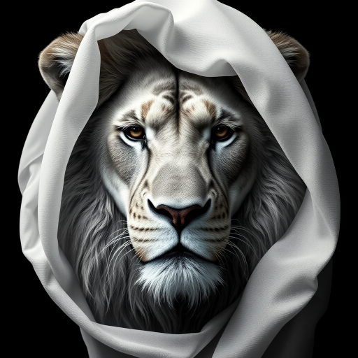 A hyper-realistic digital portrait of an lion with fabric draped over its head. The fabric is sheer and lightweight, allowing the contours of the lion’s face to show through, including its ears, eyes, and nose. The texture of the fabric is smooth and flowing, with delicate folds and creases that suggest softness and movement. The lion’s expression is serene and contemplative. The image focuses on the interplay of light and shadow on the fabric and the lion's face, creating a monochromatic palette of whites and grays. The background is a simple, nondescript dark shade to highlight the subject.