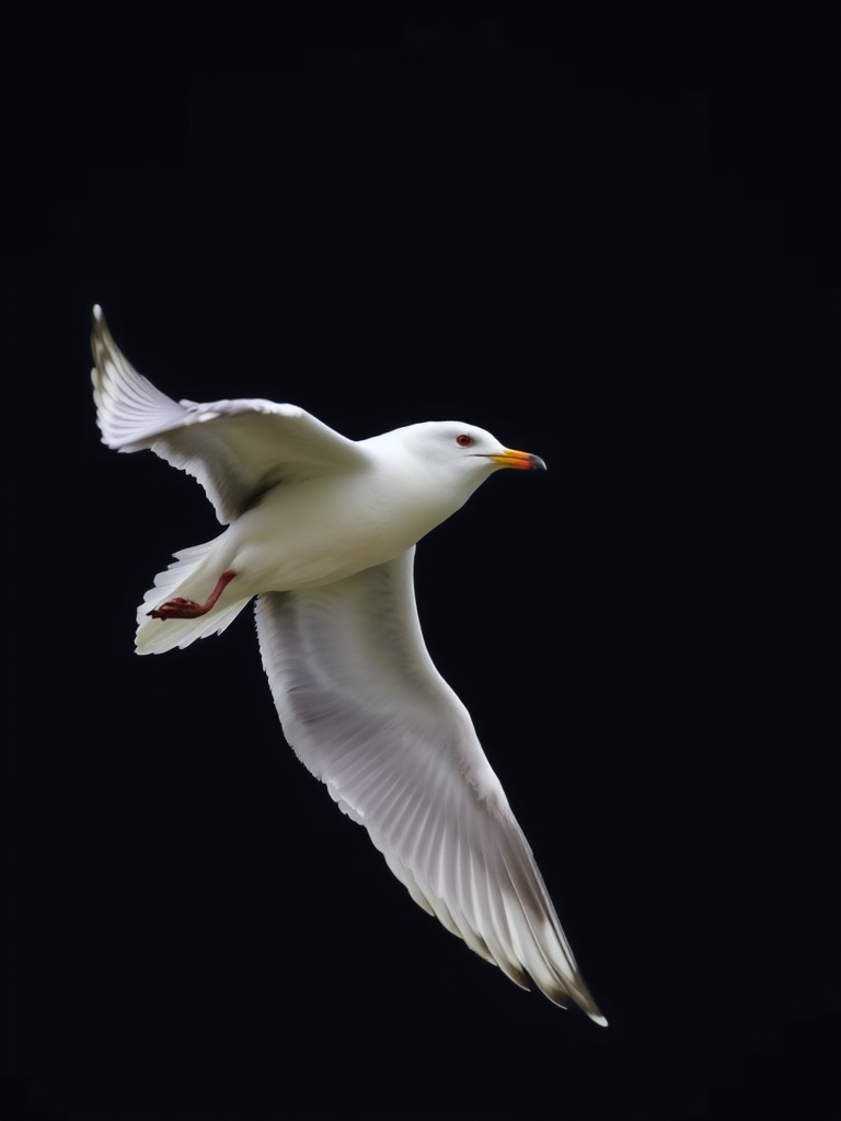 seagull in mid-flight against a dark background, focus on details of wings and feathers, DSLR camera, 50mm lens, aperture f/2.8, shutter speed 1/1000s, ISO 400, high dynamic range imaging