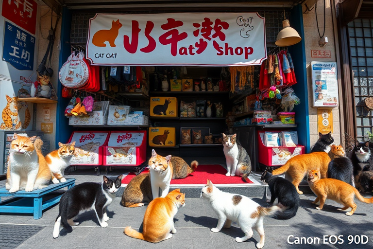 Create a vibrant scene of a cat shop displaying various cat products and multiple cats interacting outside, captured with a Canon EOS 90D, 35mm lens, f/2.8 aperture, ISO 100, in bright daylight, with a wide-angle view to enhance depth and detail.