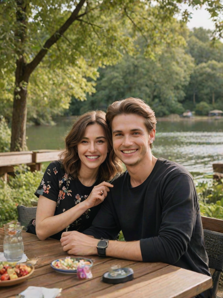 Medium shot photo of two individuals seated outdoors at a table in a scenic park setting. On the left, a Caucasian man with light skin tone and short brown hair wears a casual black t-shirt with a graphic, smiling calmly while holding up a medal. To his right, a woman with medium skin tone, black wavy hair, and a cheerful expression also holds up a medal, her smile conveying joy and pride. She is dressed in a dark cardigan over a floral-patterned blouse, her friendly demeanor adding to the relaxed atmosphere. Both appear comfortable, casually celebrating a shared achievement. The setting is a tranquil lakeside with lush greenery, visible trees reflecting off the calm water, and a few people in paddle boats in the background, contributing to a relaxed and leisurely vibe. The sky is overcast, providing diffused natural light that casts soft shadows, highlighting the subjects and emphasizing the lush backdrop. The table in front of them contains bottles and miscellaneous items, adding to the informal gathering atmosphere. Other people are visible in the distance, further enhancing the sense of a lively outdoor environment. The overall mood of the scene is light-hearted and sociable, enriched by the natural, vibrant surroundings and the subjects' joyful expressions