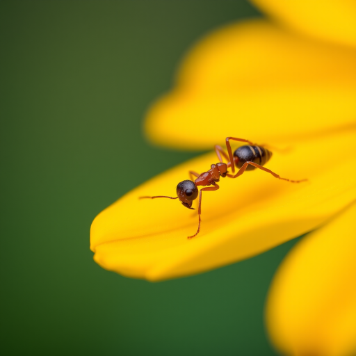 macro shot of an ant on a vibrant yellow flower petal, focus on the ant with shallow depth of field, natural light, aperture f/2.8, shutter speed 1/200s, ISO 100, using a high-quality DSLR camera with a macro lens, close-up view for enhanced detail
