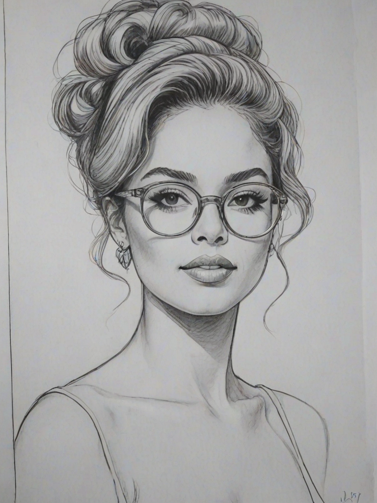Graceful DaniLeigh, pencil sketch, portrait of Stunning woman 1966s in glasses, hair style beatnik, outline, clear lines, fine lines, 8k