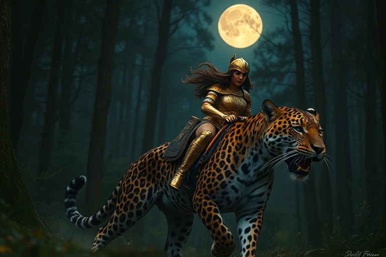 A warrior woman in shining gold armor riding a majestic leopard through a mystical forest under a full moon, shot with a DSLR camera at f/2.8, ISO 100, 50mm lens, using a low angle view for dramatic effect and soft focus background to enhance clarity and detail.