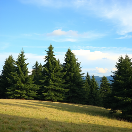 Create a vibrant landscape depicting tall evergreen trees on a gentle hill under a clear blue sky with soft clouds, daytime setting, using a DSLR camera with 50mm lens, aperture f/8 for depth of field, ISO 100 for clarity, and a landscape orientation for enhanced quality.