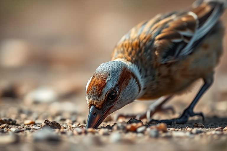 Close-up of a bird foraging on the ground, soft focus background, natural lighting, f/2.8 aperture, 1/500s shutter speed, ISO 200, DSLR camera, macro lens, shallow depth of field.