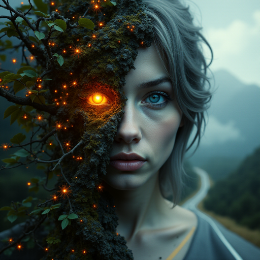 A surreal portrait of a woman's face merging with nature and a road. One half of her face is covered in glowing orange vines, tree roots, and dense forest vegetation. The other half is in grayscale, featuring storm clouds and a road that stretches into the horizon. Both of her eyes are highly expressive: one glowing amber and the other cool blue. The scene contrasts vibrant nature with a stormy, monochromatic landscape, with mountains in the background. The image is highly detailed, with dramatic lighting and texture, creating a mystical, harmonious balance between nature and humanity.