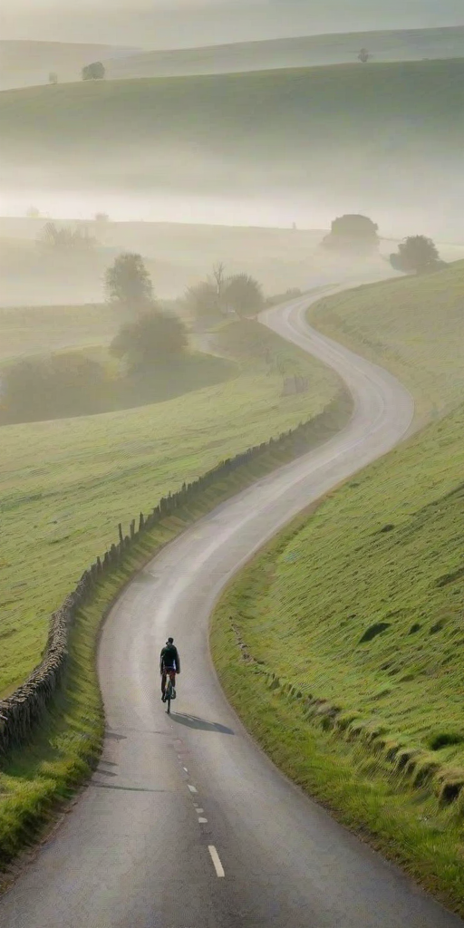 Lone cyclist riding through a misty countryside, the road winding through green hills, with sheep grazing in nearby fields and early morning fog lingering in the air.