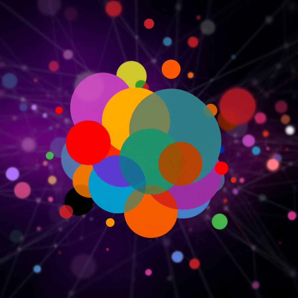Generate an abstract digital artwork featuring overlapping colorful circles and geometric shapes with a background of interconnected lines and nodes, captured with a 50mm lens at f/8, ISO 100, 1/200s, in a studio setting with soft lighting and high-resolution detail.