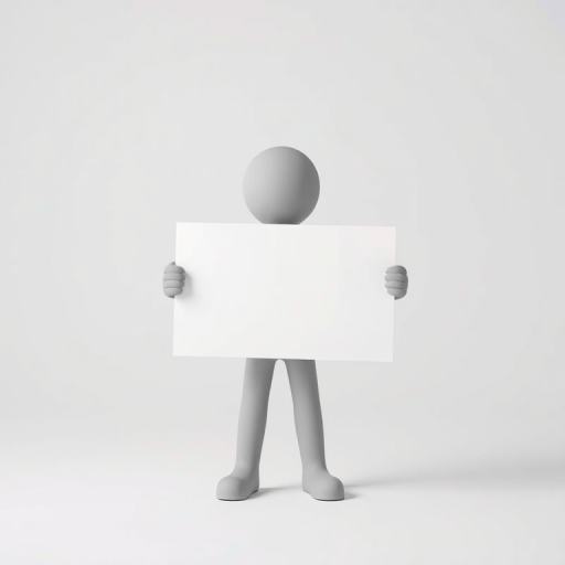 Generate an image of a 3D gray stick figure holding a blank white sign, use a Canon EOS R5 camera with a 50mm lens at f/2.8, ISO 100, a soft diffused lighting setup, and a focus on a clean white background to enhance image quality.