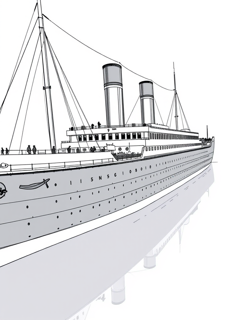 Create a high-resolution side view illustration of the Titanic, detailed line art, with a focus on ship's structure and sails, using a Canon EOS R5, 50mm lens, f/8 aperture, ISO 100, natural light for clarity and depth.