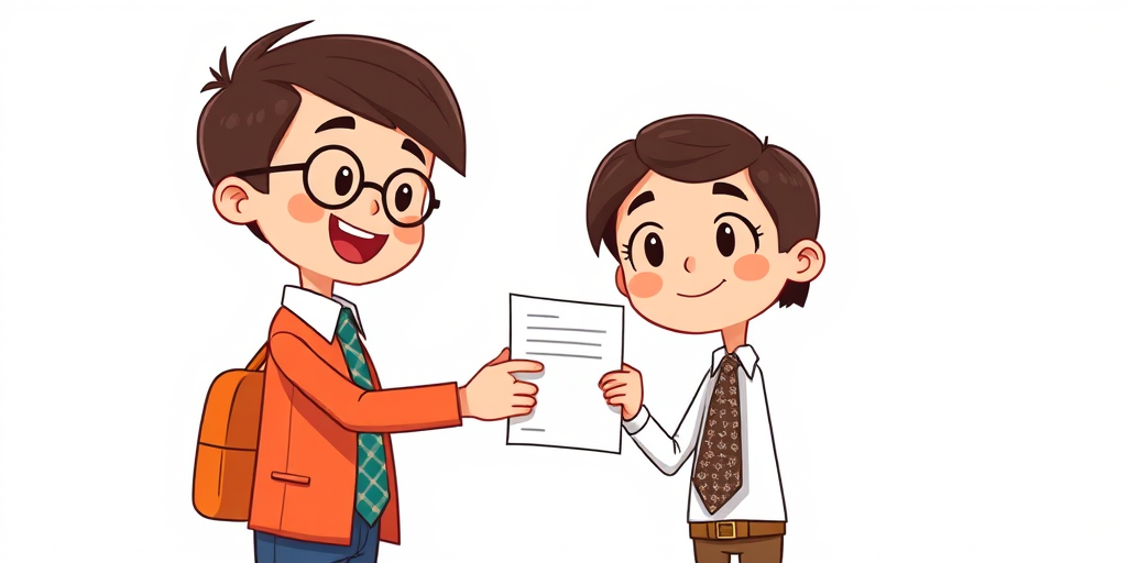 Create an illustration of two cartoon figures: one handing a document to the other who is wearing a patterned tie, with a bright white background, captured with a Canon EOS R5, aperture f/2.8, shutter speed 1/125s, ISO 100, using a soft focus lens effect for enhanced depth.