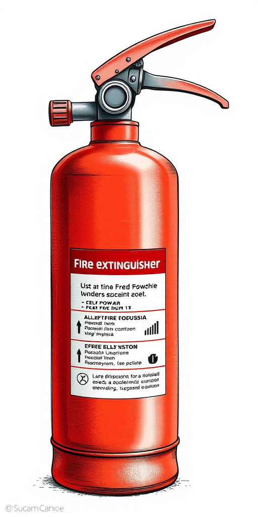 Create a detailed illustration of a red powder fire extinguisher, focusing on clear labeling in both English and Russian, with a white background, using a Canon EOS R5 camera with a 50mm lens, aperture f/2.8, ISO 100, and a slight top-down angle for emphasis on the texture and details of the extinguisher.