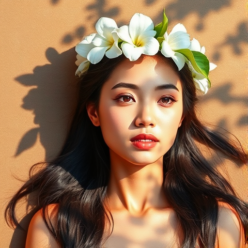 create a watercolor painting of an ethereal portrait of beautiful Cambodian woman with a simple white flower crown on her head. Her hair is long and she is lying on the ground. The sunlight on the trees casts shadows from the leaves on her face and body. The background is a neutral brown color that matches her skin tone. The image is minimalist and solid colors. This style is characterized by soft, delicate brushstrokes and a light, airy, contrasting color palette. High level of detail and play of light