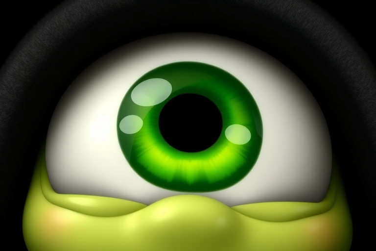 Generate a high-resolution image of large, vivid green cartoon eyes with a glossy finish on a black background, using a DSLR camera with a 50mm lens, aperture set to f/2.8, ISO 100, and natural lighting for enhanced depth and clarity.