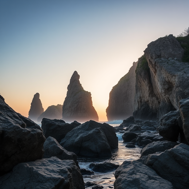 a dramatic coastal scene featuring large rock formations rising from the ocean, captured at sunset with soft, diffused lighting, using a DSLR camera with a 24mm lens, aperture set to f/8, shutter speed 1/250 sec, ISO 100, wide-angle view for enhanced depth, and a focus on the textures of the rocks and water reflections