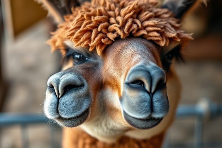 Capture a close-up of an alpaca with a soft focus background, using a DSLR camera with a 50mm lens at f/1.8, ISO 200, and a shutter speed of 1/200s to highlight its features and textures.