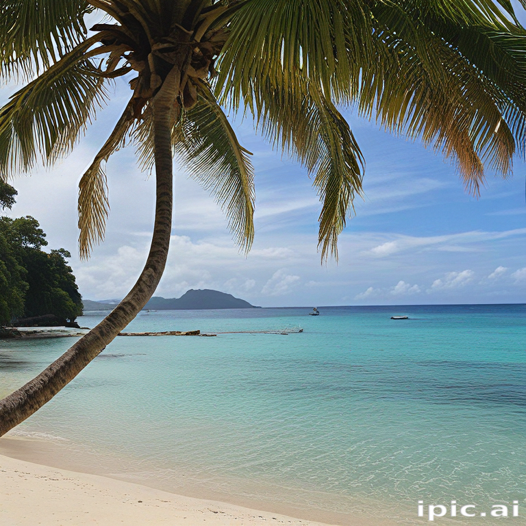 Tranquil Tropical Beach Scene with Palm Tree and Clear Blue Waters
