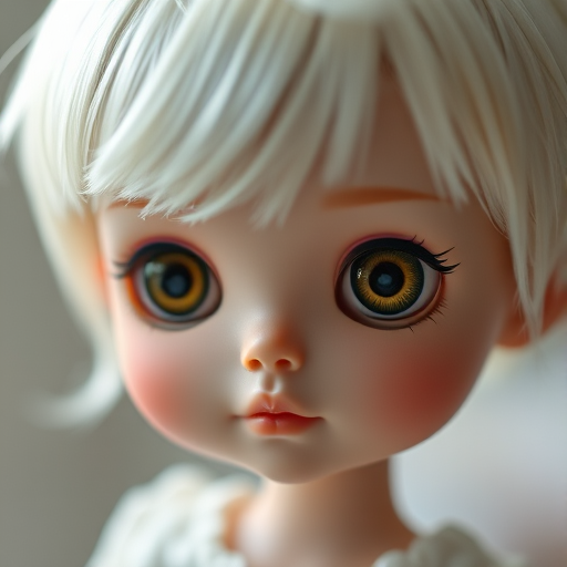 portrait of a doll with short white hair and large expressive eyes, soft lighting, shallow depth of field, aperture f/2.8, ISO 100, 50mm lens, focus on the face, captured with a DSLR camera, high resolution