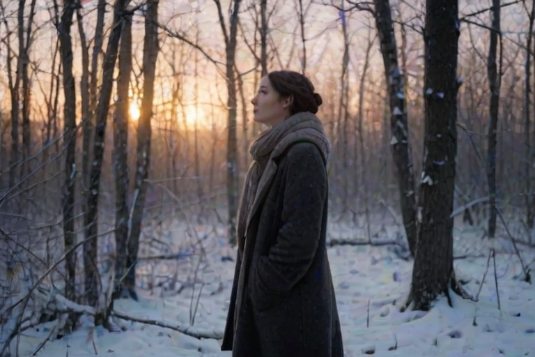 Snow-covered forest at twilight, the last light of day filtering through bare branches, a woman in a thick wool coat stands still, her breath visible in the frosty air as she gazes at the falling snow.
