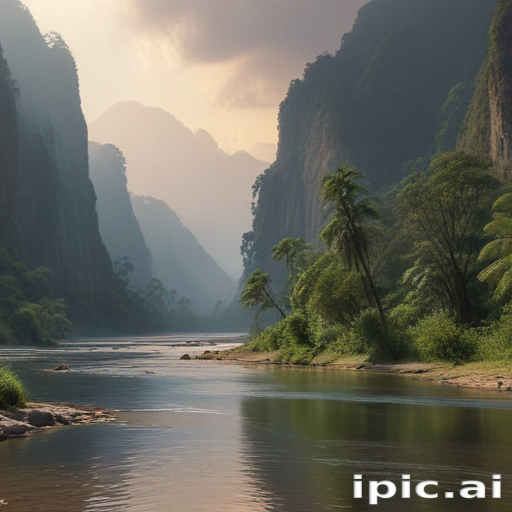 Serene River Flowing Through Majestic Mountains and Lush Greenery Landscape
