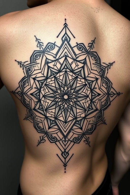Intricate blackwork geometric tattoo called "Sacred Symmetry" showcasing a complex pattern of interconnected shapes and lines forming a mesmerizing mandala design with precise dotwork shading to create depth and texture incorporating sacred geometry symbols and repeating fractals that expand outward from a central focal point resulting in a hypnotic optical illusion that draws the eye inward and appears to shift and move as the body flexes