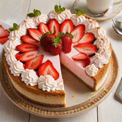 Create an image of a round strawberry cheesecake with a graham cracker crust. The cheesecake should have a smooth pink filling with visible pieces of strawberries. Decorate the top with whipped cream swirls and fresh strawberry slices. Include a whole strawberry in the center and place some whole strawberries around the base. Ensure the cheesecake is partially sliced to show the inside. The setting should have a rustic wooden background.