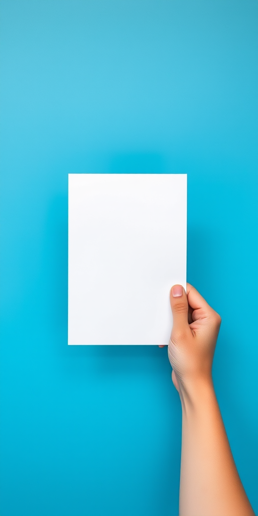 A hand holding a blank white sheet of paper against a simple blue background, shot with a Canon EOS R mirrorless camera, 50mm lens, aperture f/1.8, shutter speed 1/100 sec, ISO 200, top-down view, natural light for enhanced clarity and detail.