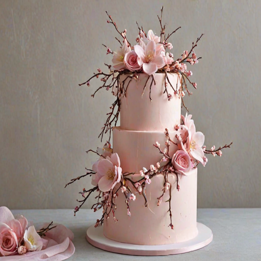 Create an elegant three-tiered cake with a smooth pink frosting. Incorporate delicate branches with blossoms cascading down the sides, featuring soft pink and white flowers. The cake should have a refined appearance, with a clean base and an intricate floral design that adds a touch of sophistication.