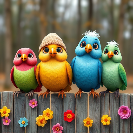 create a scene of 4 quirky  whimsical colourful comical birds each with a funny expression. they are sat on a wooden fence with colourful flowers. they are all different sizes. each one is a different colour  one is wearing a woolly hat. Each one has a different quirky google expression and there is a muted background of trees watercolour paintierly style high definition 8k resolution 3D paper mache