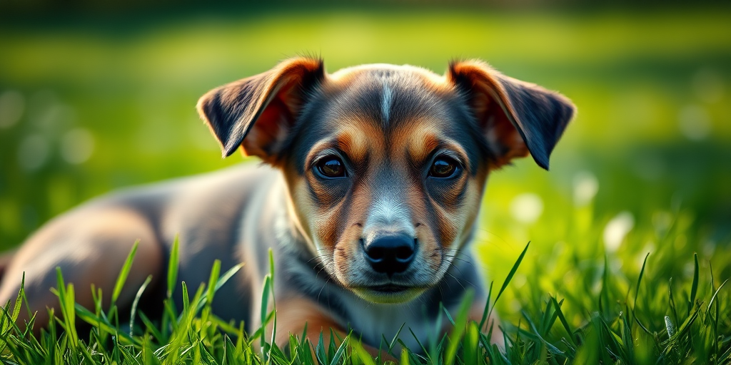 a close-up portrait of a cute dog lying in a sunny green field with soft bokeh background, aperture f/2.8, shutter speed 1/200s, ISO 100, DSLR camera, shallow depth of field, natural lighting