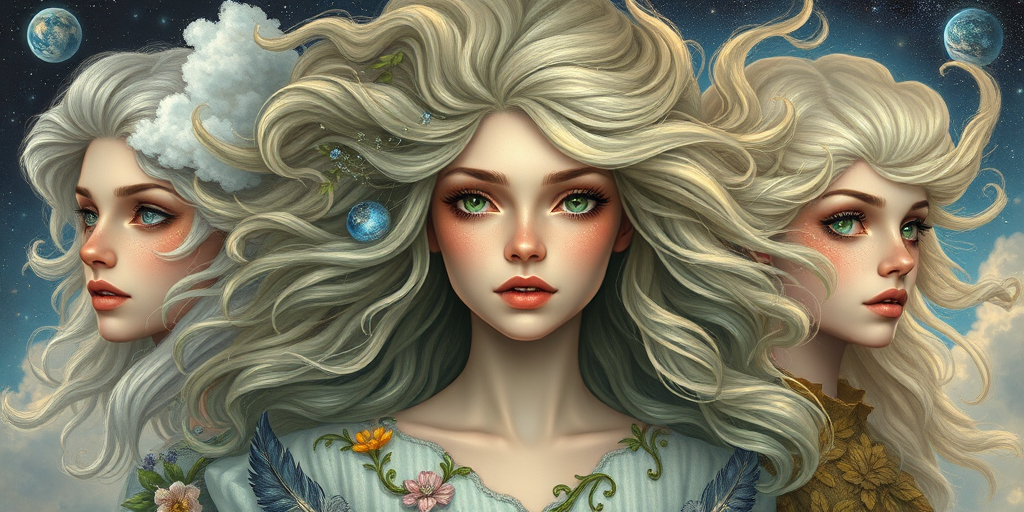 Create a series of imaginative portraits where each subject is infused with elements of fantasy and nature. The hair of the individuals should flow like clouds, varying from soft, fluffy cumulus to wispy cirrus strands, with hints of color reflecting a sunset or a clear blue sky. The eyes should be windows to entire galaxies, with stars, nebulae, and distant planets visible within them. Clothing should be adorned with nature motifs, such as floral patterns that bloom and change, vines that seem to grow and wrap around, or feathers that shimmer with iridescence. Each portrait should capture a unique personality, blending human features with the ethereal beauty of the natural and cosmic world. The backgrounds can vary, from starry night skies to enchanted forests, adding depth and context to the magical realism of the portraits