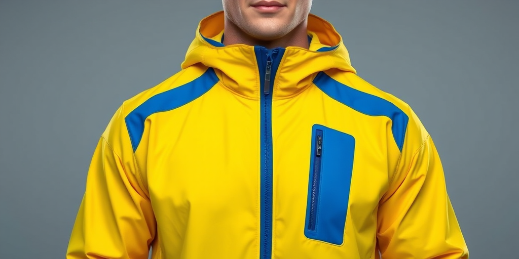 Generate a high-resolution image of a bright yellow athletic jacket with blue accents, using a DSLR camera at f/2.8, ISO 100, in a frontal view with soft diffused lighting for even color distribution.
