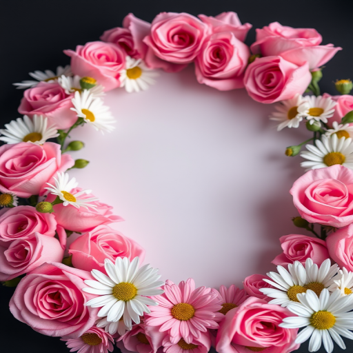Create an image of an oval floral frame composed of pink roses and white daisies, using a macro lens with a shallow depth of field, f/2.8 aperture, 50mm focal length, and a soft natural light setup against a dark background for high contrast.