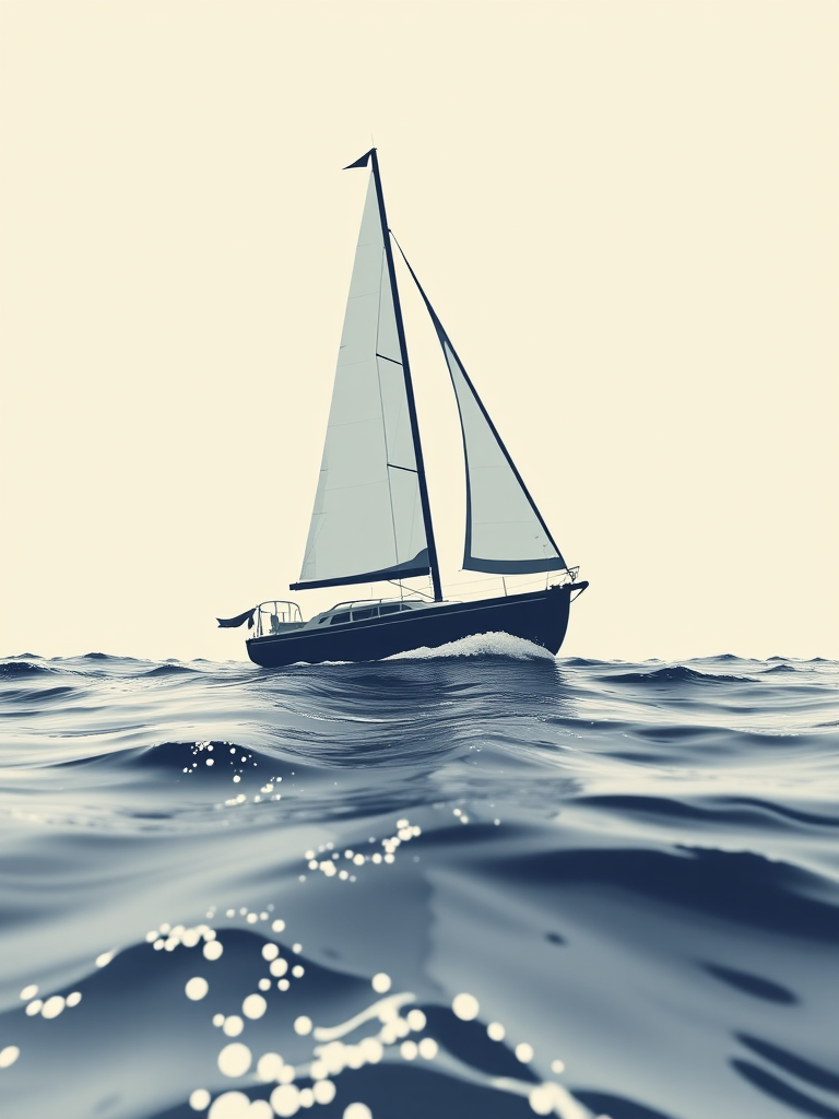 Create a high-contrast vector graphic of a sailboat on waves, using a DSLR camera with a 50mm lens, f/2.8 aperture, ISO 100, shot from a low angle to enhance perspective and detail, in a minimalistic style.