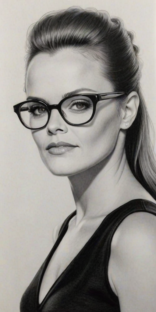 Stunning Belinda Carlisle, pencil sketch, portrait of Charming woman 1969s in glasses, hair style beatnik, outline, clear lines, fine lines, 8k