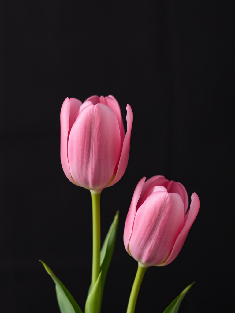 photograph of two pink tulips against a dark textured background, macro view, f/2.8 aperture, 50mm lens, ISO 100, natural lighting, DSLR camera