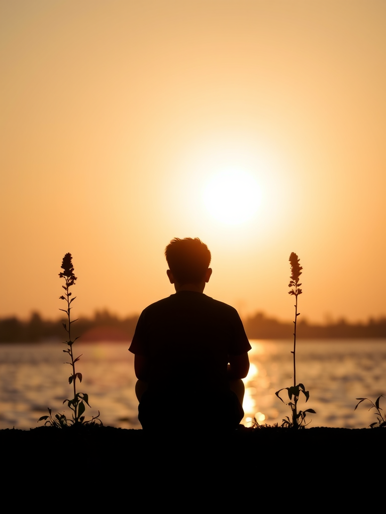 Regenerate the image of a silhouette person sitting by the water with two plants on either side, against a large orange sun in the background, using a Canon EOS R5 at f/8, ISO 100, 50mm lens, in a soft-focus style to enhance the colors and details.