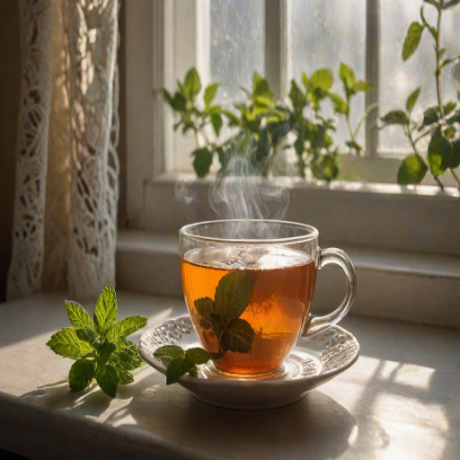 Sharp, detailed photo of a cup of herbal tea on a windowsill, steam rising from the cup, sunlight streaming through lace curtains, a sprig of mint resting on the saucer, soft shadows cast on the table, the smell of fresh herbs filling the air.
