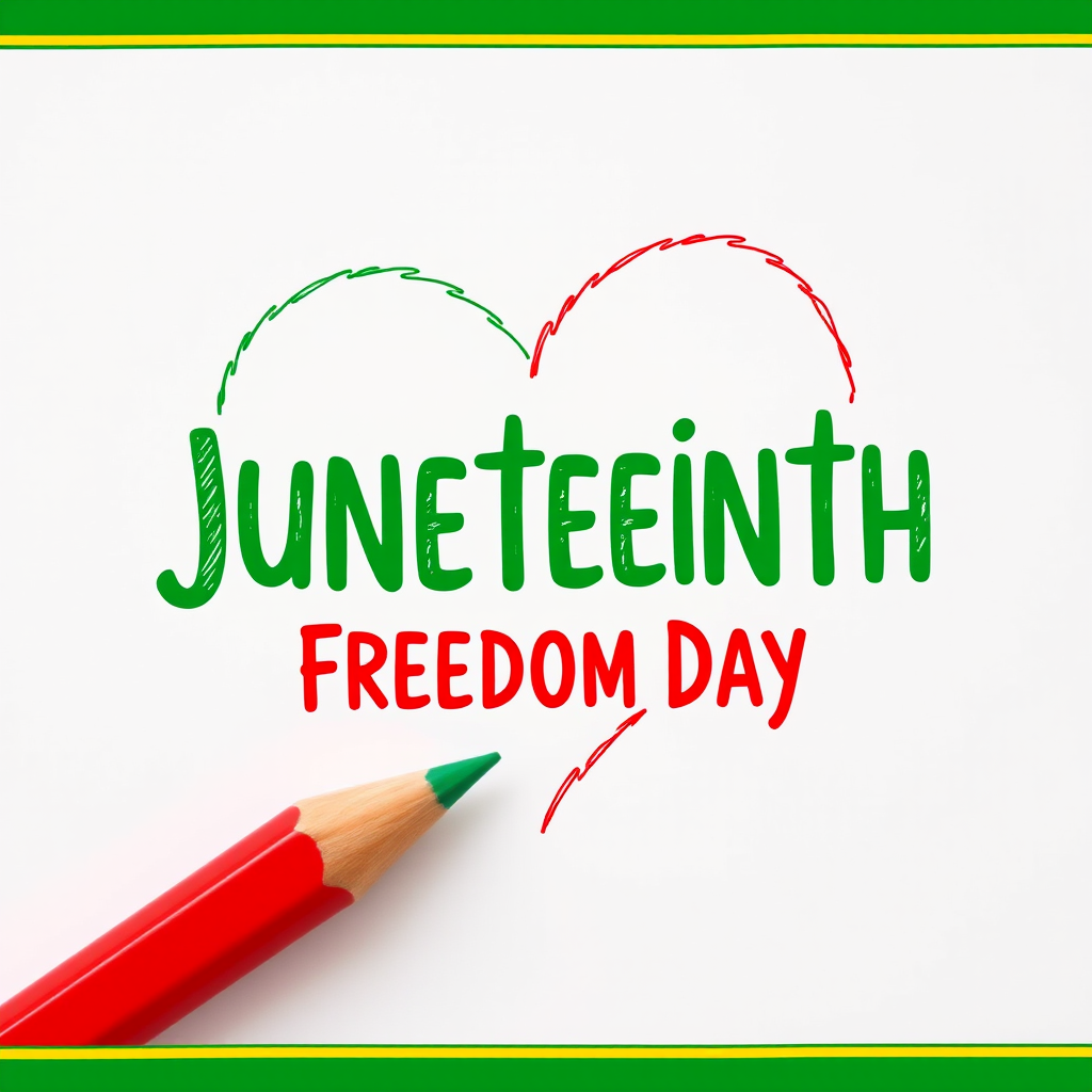 Create an image celebrating Juneteenth with a festive design featuring a colorful pencil drawing a heart, incorporating green, red, and yellow colors, with text that says "Juneteenth Freedom Day" in bold, vibrant letters, using a DSLR camera with a 50mm lens, f/1.8 aperture, ISO 100, and natural light for clarity; centered composition with a soft background blur.