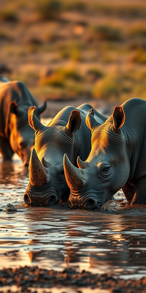 Rhinos playing in muddy water during golden hour, DSLR camera, 50mm lens, f/2.8 aperture, ISO 200, shallow depth of field, vibrant colors, high resolution.