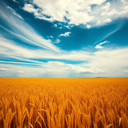 create a vibrant landscape scene with a golden field under a dramatic blue and white cloudy sky, using a DSLR camera with a 35mm lens, f/8 aperture, ISO 100, and a wide-angle view to enhance depth and detail