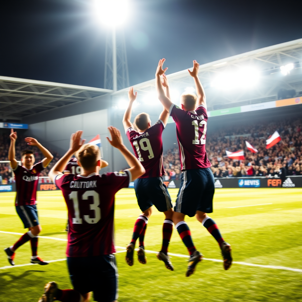 Blurry action shot of a soccer team celebrating a goal, players jumping in mid-air, arms raised in victory, stadium lights casting harsh shadows, and distant fans waving flags and cheering loudly.